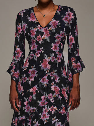 Ruffle Sleeve Tiered Mesh Midaxi Dress, Navy Floral