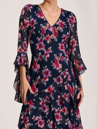 Ruffle Sleeve Tiered Mesh Midaxi Dress, Navy Floral