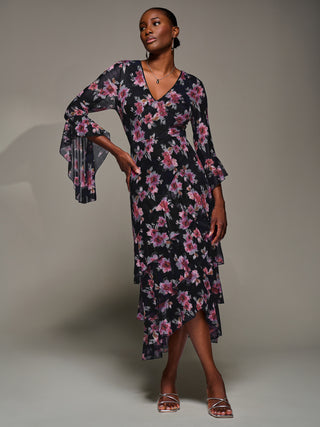 Ruffle Sleeve Tiered Mesh Midaxi Dress, Navy Floral