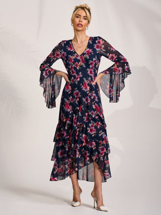 Ruffle Sleeve Tiered Mesh Midaxi Dress, Navy Floral