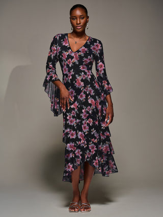 Ruffle Sleeve Tiered Mesh Midaxi Dress, Navy Floral