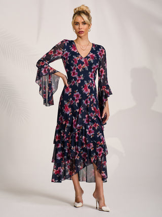 Ruffle Sleeve Tiered Mesh Midaxi Dress, Navy Floral