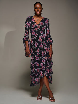 Ruffle Sleeve Tiered Mesh Midaxi Dress, Navy Floral