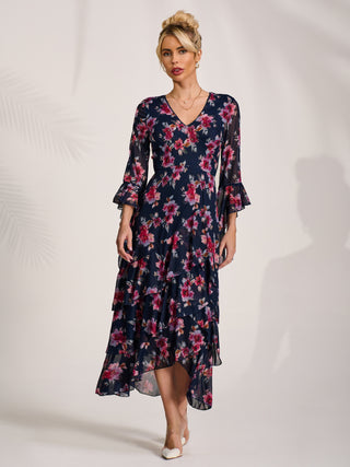 Ruffle Sleeve Tiered Mesh Midaxi Dress, Navy Floral