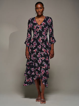 Ruffle Sleeve Tiered Mesh Midaxi Dress, Navy Floral