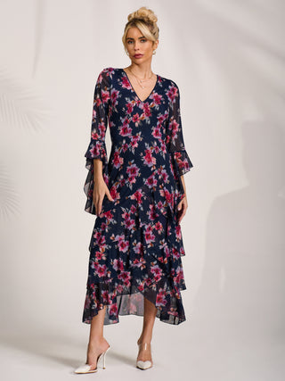 Ruffle Sleeve Tiered Mesh Midaxi Dress, Navy Floral