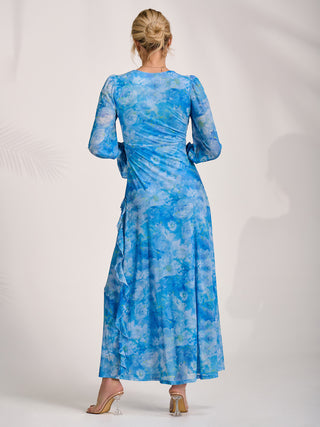 Long Sleeve Ruffle Mesh Maxi Dress, Blue Abstract Jolie Moi Retail Long Sleeve Ruffle Mesh Maxi Dress, Blue Abstract Jolie Moi Retail