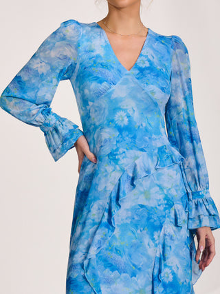 Long Sleeve Ruffle Mesh Maxi Dress, Blue Abstract
