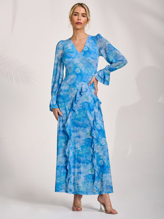 Long Sleeve Ruffle Mesh Maxi Dress, Blue Abstract