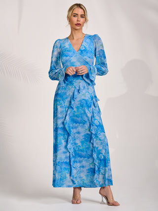 Long Sleeve Ruffle Mesh Maxi Dress, Blue Abstract