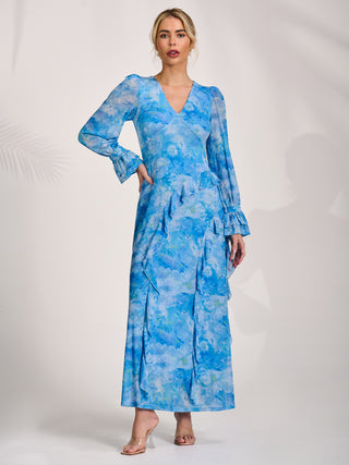 Long Sleeve Ruffle Mesh Maxi Dress, Blue Abstract