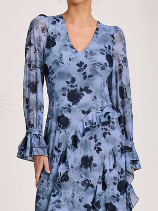 Long Sleeve Ruffle Mesh Maxi Dress, Blue Floral