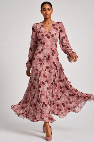 Long Sleeve Ruffle Mesh Maxi Dress, Pink Floral