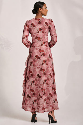 Long Sleeve Ruffle Mesh Maxi Dress, Pink Floral
