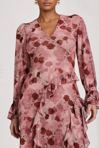 Long Sleeve Ruffle Mesh Maxi Dress, Pink Floral
