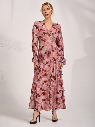 Long Sleeve Ruffle Mesh Maxi Dress, Pink Floral