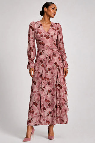 Long Sleeve Ruffle Mesh Maxi Dress, Pink Floral