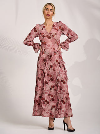 Long Sleeve Ruffle Mesh Maxi Dress, Pink Floral