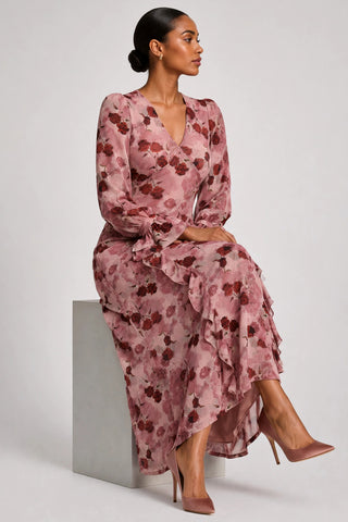 Long Sleeve Ruffle Mesh Maxi Dress, Pink Floral