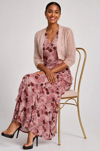 Long Sleeve Ruffle Mesh Maxi Dress, Pink Floral