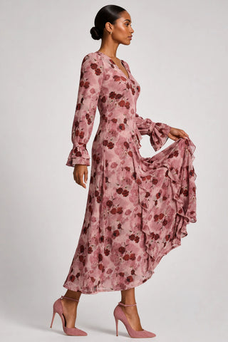 Long Sleeve Ruffle Mesh Maxi Dress, Pink Floral