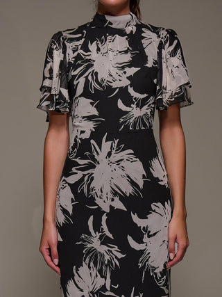 High Neck Angel Sleeve Chiffon Maxi Dress, Black Abstract