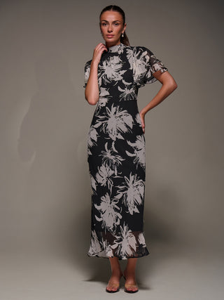 High Neck Angel Sleeve Chiffon Maxi Dress, Black Abstract