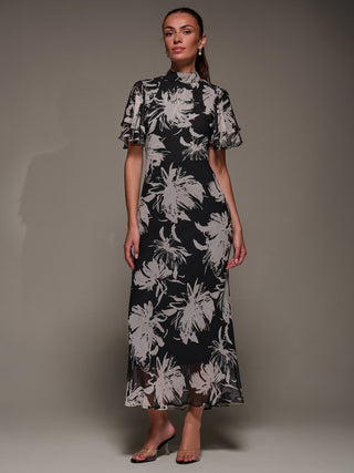 High Neck Angel Sleeve Chiffon Maxi Dress, Black Abstract