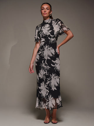High Neck Angel Sleeve Chiffon Maxi Dress, Black Abstract