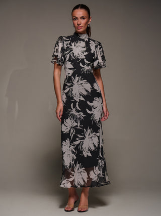 High Neck Angel Sleeve Chiffon Maxi Dress, Black Abstract