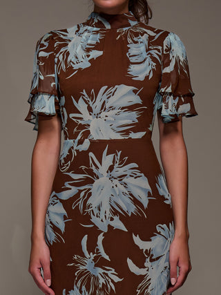 High Neck Angel Sleeve Chiffon Maxi Dress, Brown Abstract