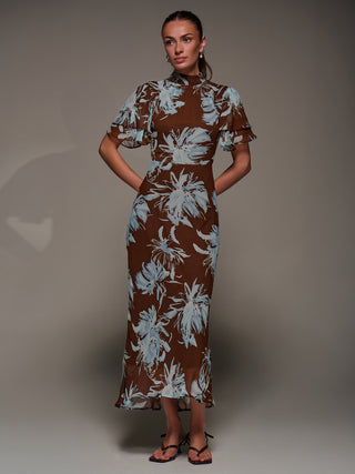 High Neck Angel Sleeve Chiffon Maxi Dress, Brown Abstract