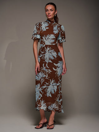 High Neck Angel Sleeve Chiffon Maxi Dress, Brown Abstract