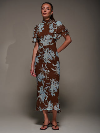 High Neck Angel Sleeve Chiffon Maxi Dress, Brown Abstract