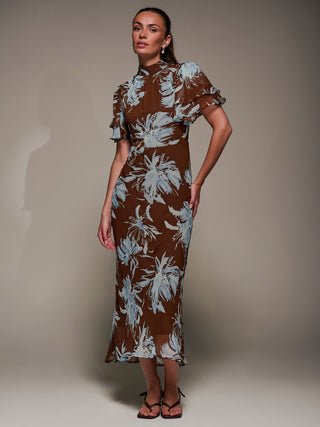 High Neck Angel Sleeve Chiffon Maxi Dress, Brown Abstract Jolie Moi Retail High Neck Angel Sleeve Chiffon Maxi Dress, Brown Abstract Jolie Moi Retail