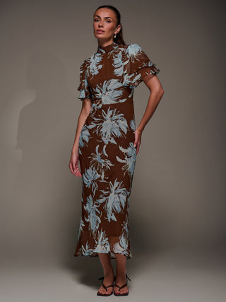 High Neck Angel Sleeve Chiffon Maxi Dress, Brown Abstract