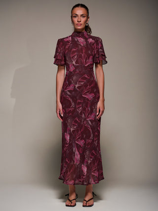 High Neck Angel Sleeve Chiffon Maxi Dress, Burgundy Abstract