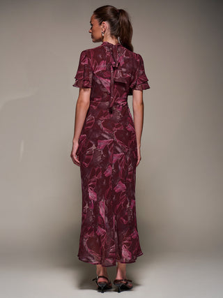 High Neck Angel Sleeve Chiffon Maxi Dress, Burgundy Abstract