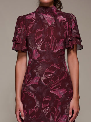 High Neck Angel Sleeve Chiffon Maxi Dress, Burgundy Abstract