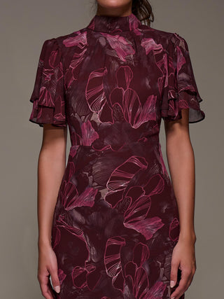 High Neck Angel Sleeve Chiffon Maxi Dress, Burgundy Abstract
