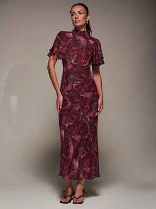 High Neck Angel Sleeve Chiffon Maxi Dress, Burgundy Abstract