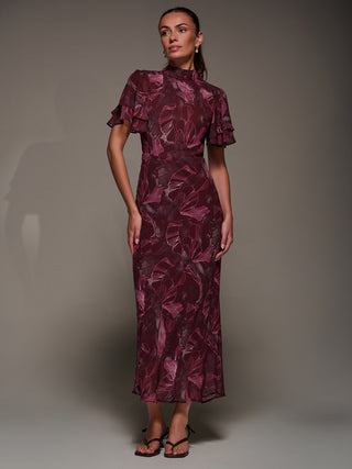 High Neck Angel Sleeve Chiffon Maxi Dress, Burgundy Abstract