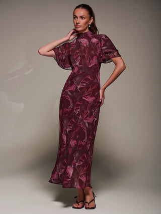 High Neck Angel Sleeve Chiffon Maxi Dress, Burgundy Abstract