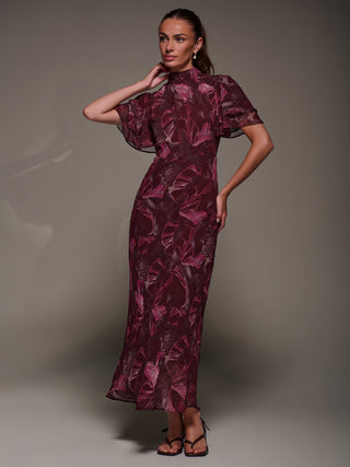 High Neck Angel Sleeve Chiffon Maxi Dress, Burgundy Abstract