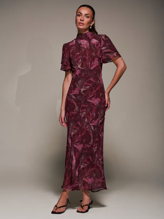 High Neck Angel Sleeve Chiffon Maxi Dress, Burgundy Abstract
