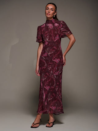 High Neck Angel Sleeve Chiffon Maxi Dress, Burgundy Abstract
