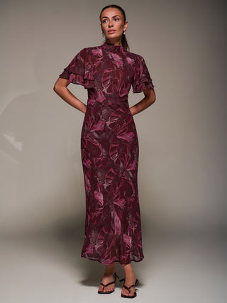 High Neck Angel Sleeve Chiffon Maxi Dress, Burgundy Abstract