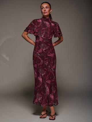 High Neck Angel Sleeve Chiffon Maxi Dress, Burgundy Abstract