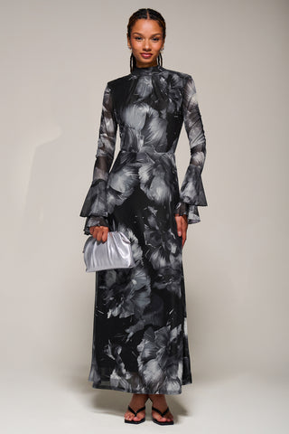 Ruffle Long Sleeve Mesh Maxi Dress, Black Abstract Jolie Moi Retail Ruffle Long Sleeve Mesh Maxi Dress, Black Abstract Jolie Moi Retail