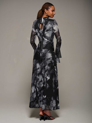 Ruffle Long Sleeve Mesh Maxi Dress, Black Abstract